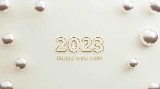 Foto felice anno nuovo 2023 testo in oro con sfondo bianco minimale e rendering di illustrazioni 3d in stile ombra