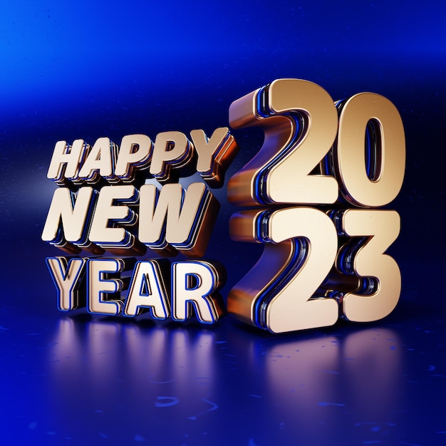 Photo happy new year 2023 golden blue 3d bold letters high quality render on blue background