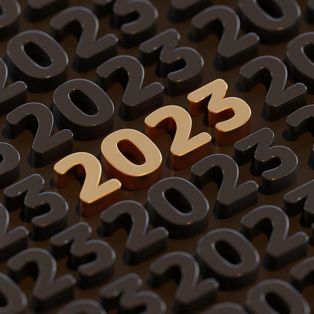 Felice anno nuovo 2023 golden grassetto lettera 3d rendering di alta qualità