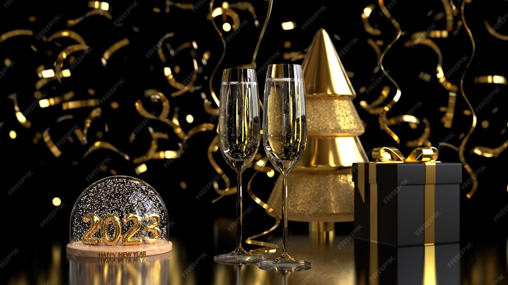 Premium Photo | Happy new year 2023 golden christmas tree with gift box and glasses champagne 3d