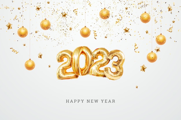 Happy new year 2023 golden inflatable balloons on a white background confetti Holiday card magazine style banner website header web poster template for advertising 3D illustration 3D render