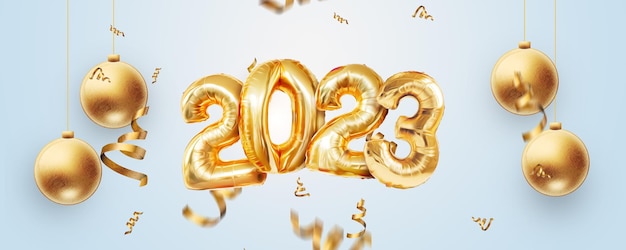 Happy new year 2023 golden inflatable balloons on a white background confetti Holiday card magazine style banner website header web poster template for advertising 3D illustration 3D render