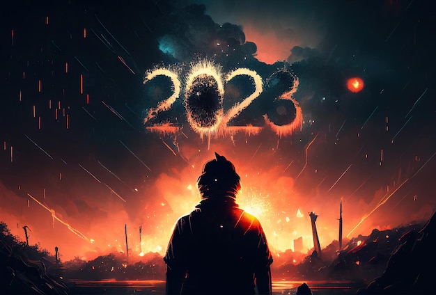 Happy New Year 2023 Male back on the background of the explosion Time of Troubles Meteor falling Thick puffs of smoke Apocalypse Generative Ai Art