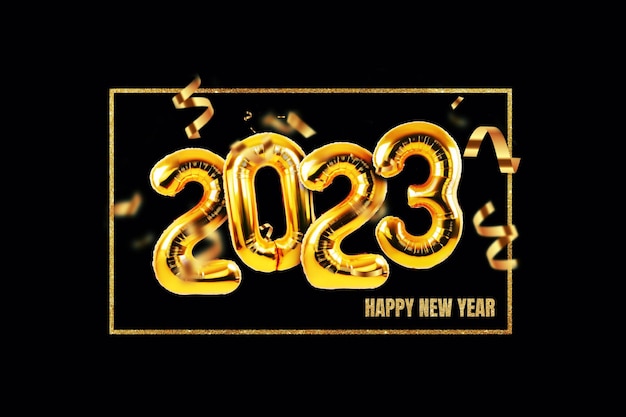 Photo happy new year 2023 metallic gold foil balloons with confetti on a black background golden helium balloons number 2023 new year