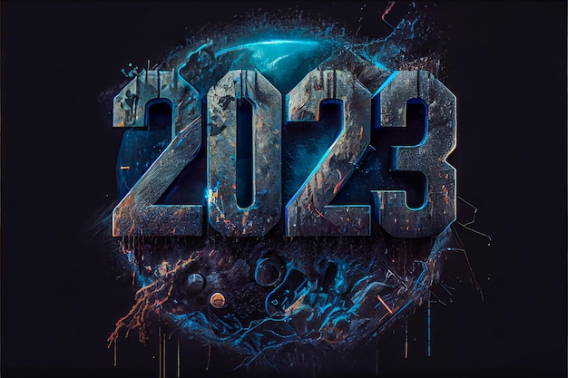 Happy New Year 2023 Numbers 2023 with metallic on dark background 3d render