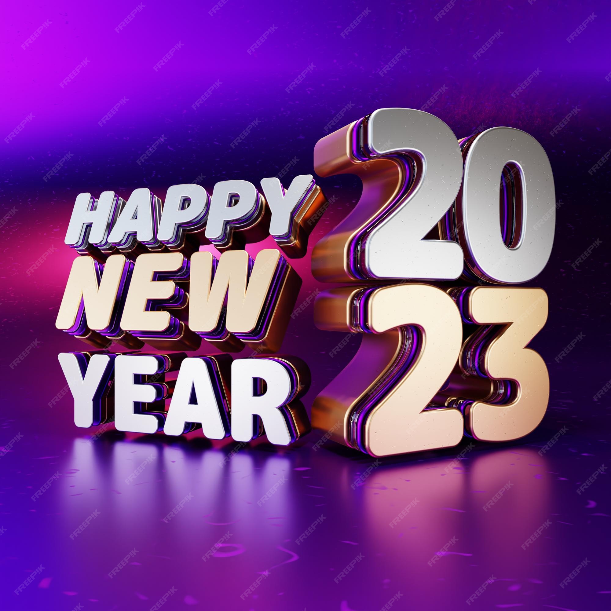 Premium Photo | Happy new year 2023 purple silver gold 3d bold letters