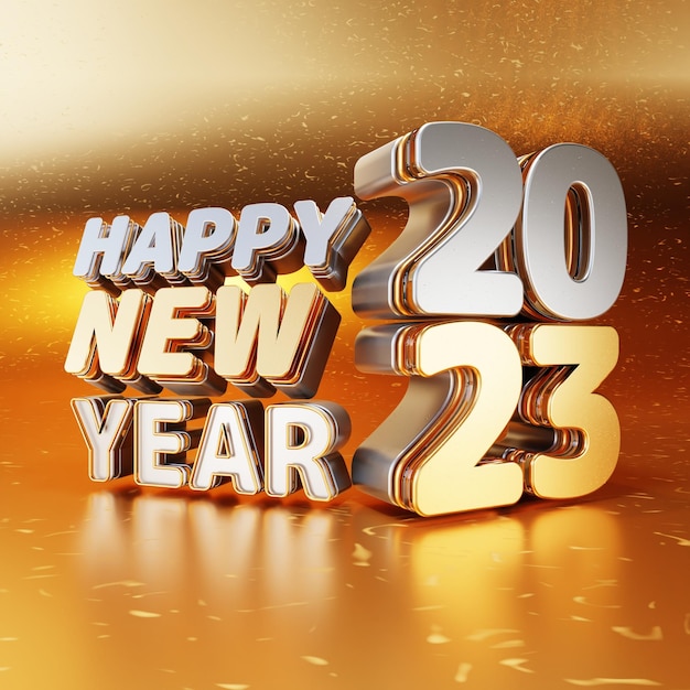 Foto felice anno nuovo 2023 argento dorato lettere in grassetto 3d rendering di alta qualità su sfondo oro