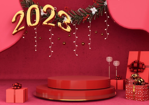 Happy new year 2023 text typography design with podium