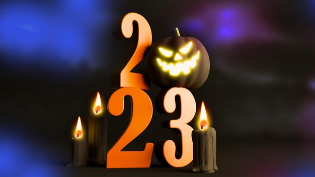 Happy New Year 2023 with halloween pumpking concept 3D render