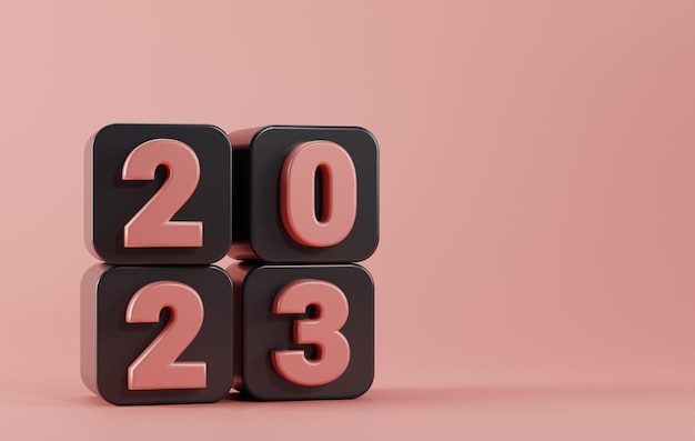 写真 新年あけましておめでとうございます 2023 年ホリデー フェスティバルのブラック ボックス 3 d レンダリング コンセプトにピンク メタリック