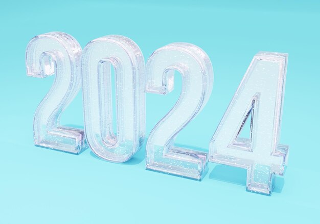 Foto buon anno nuovo 2024 glitter di testo 3d render illustrazione su sfondo blu per il design della carta da parati