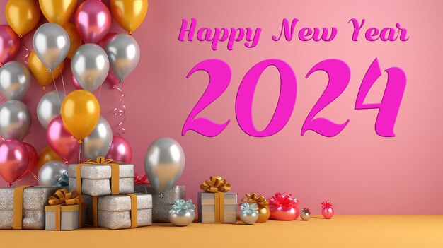 Happy new year 2024 background with colorful balloon and gift box