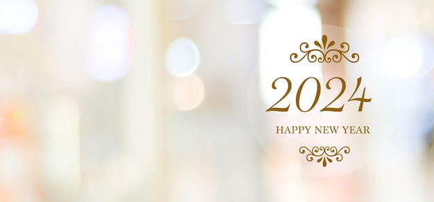 Photo happy new year 2024 on blur abstract bokeh background with copy space