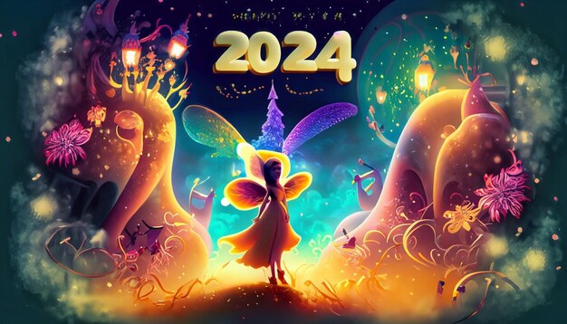 Happy New Year 2024 card with beautiful girls in fairy forest