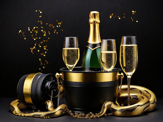 Photo happy new year 2024 celebration golden bucket with champak