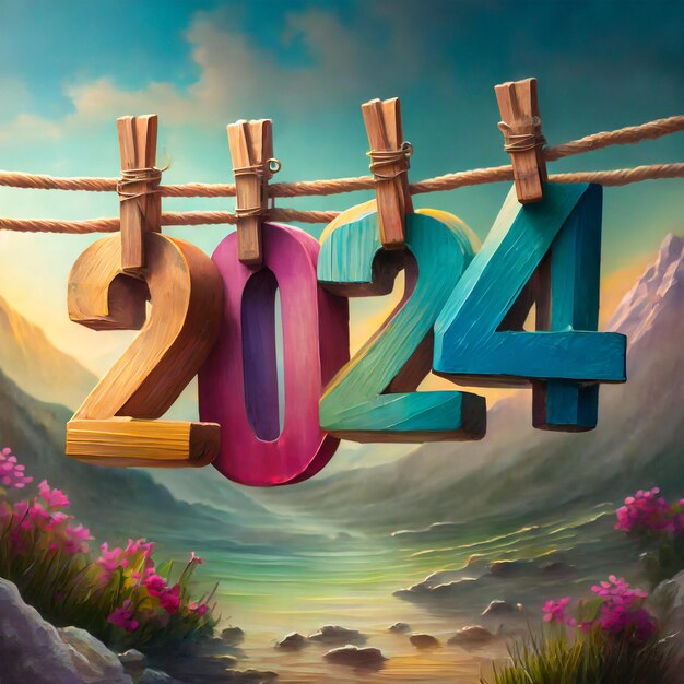 Happy New Year 2024 Colorful wooden letters on a rope