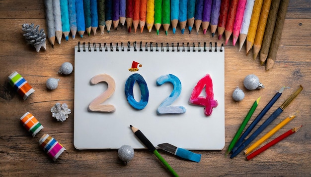 happy new year 2024 concept coloured pencils and notepad