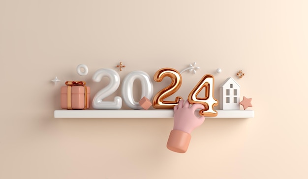 Buon anno 2024 sfondo decorativo con rendering 3d a mano di cartone animato