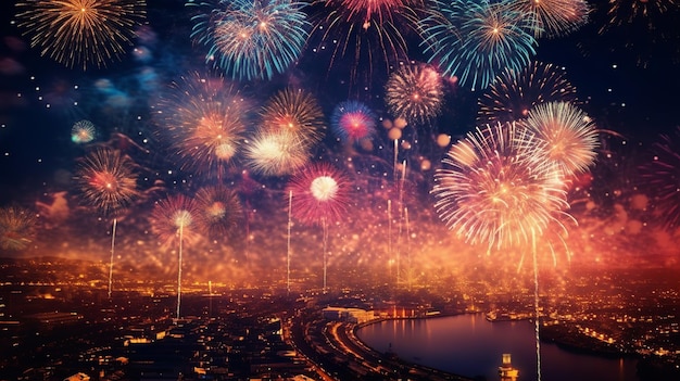Happy new year 2024 fireworks background Generative Ai