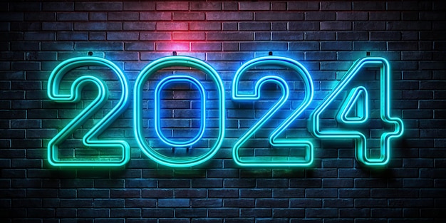 Foto buon anno nuovo 2024 segno al neon luminoso sullo sfondo del muro di mattoni
