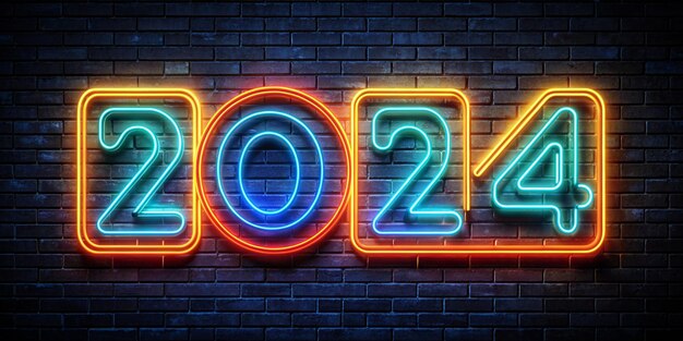 Foto buon anno nuovo 2024 segno al neon luminoso sullo sfondo del muro di mattoni