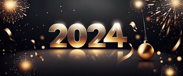 Happy New Year 2024 golden on dark Background with copy space Generative AI Art