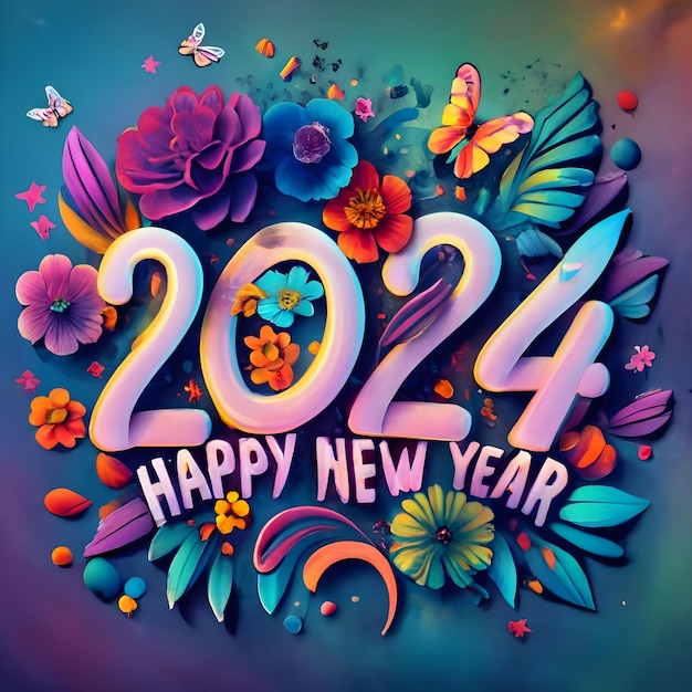 Happy New Year 2024 greeting card with colorful flowers and butterflies Vector illustration