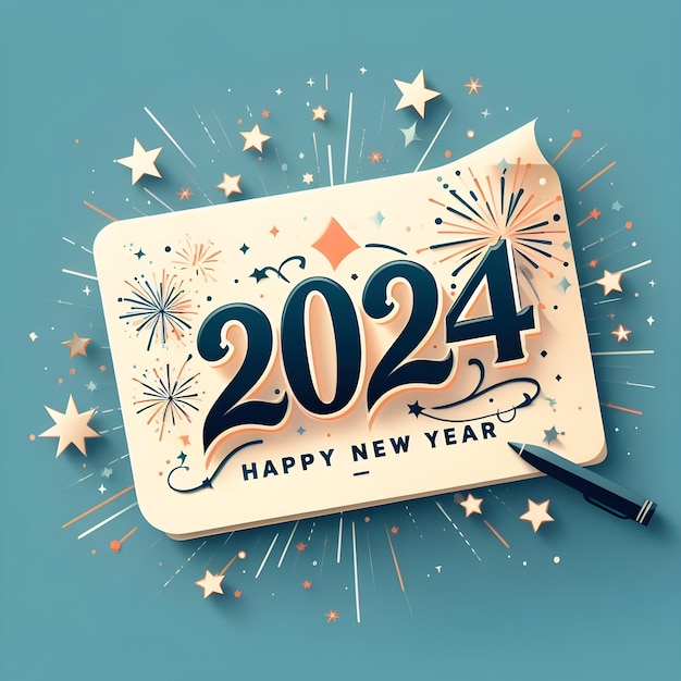新年あけましておめでとうございます 2024年花火と文字のグリーティングカード ベクトルイラスト