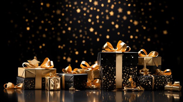 Happy New Year 2024 Merry Christmas and Happy New Year Golden box with a gift and Christmas balls