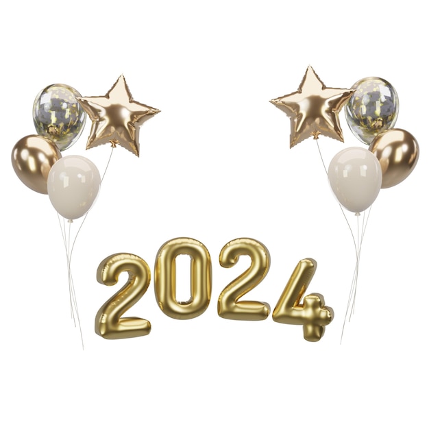 Photo happy new year 2024 metallic gold foil balloons 3d illustration golden helium balloons 2024