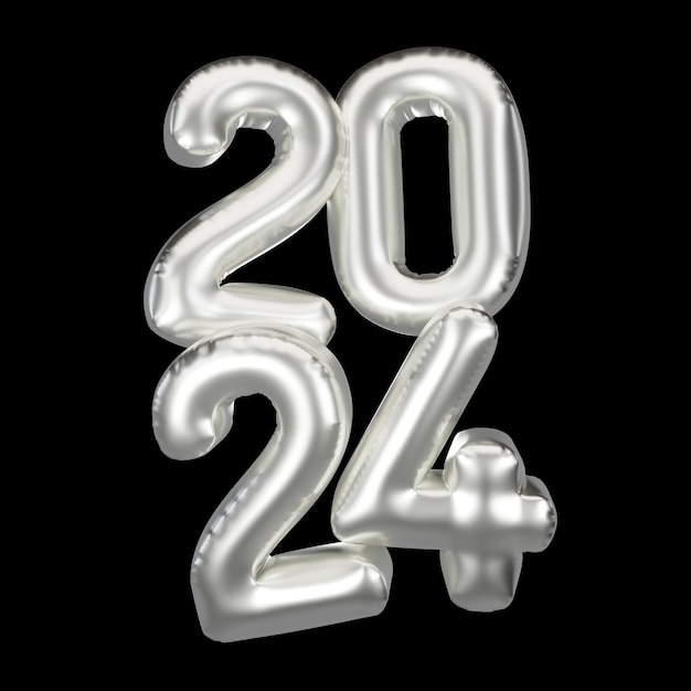 Foto buon anno 2024 metallici palloncini di foglio d'argento 3d rendering palloncini d'elio di platino 2024