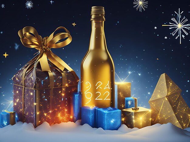 happy new year 2024 new year with bright lightsgifts and bottle of hampagne Ai generative