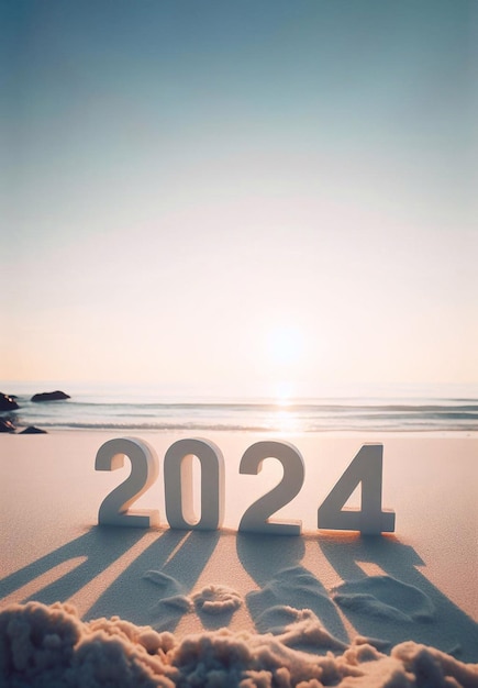 Foto buon anno 2024 immagine di 2024 numeri sulla spiaggia al mattino luce generativa ai