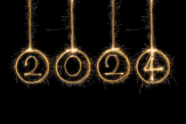 Happy New Year 2024 Sparkling burning text Happy New Year 2024 isolated on black background