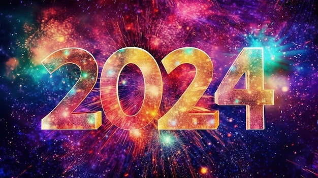 뒷면에 불꽃놀이와 함께 새해 2024년을 축하합니다.