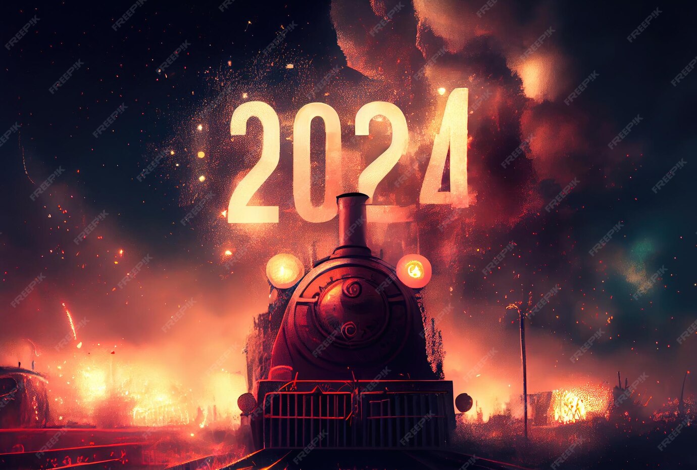 Premium Photo Happy New Year 2024 with traveling old retro steam