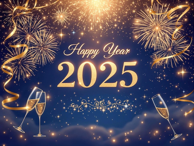 Happy New Year 2025 Golden Celebration with Fireworks and Champagne