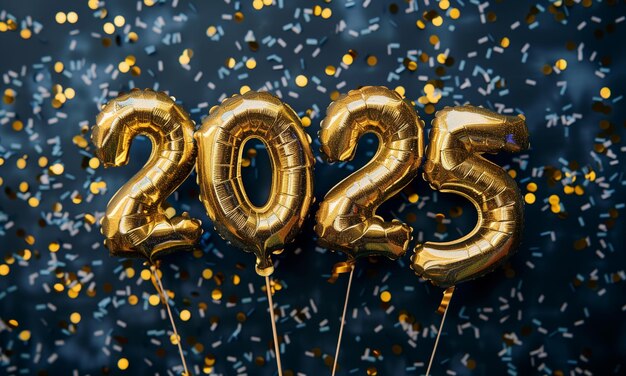 Счастливого нового года 2025 металлические золотые воздушные шары на белом фоне