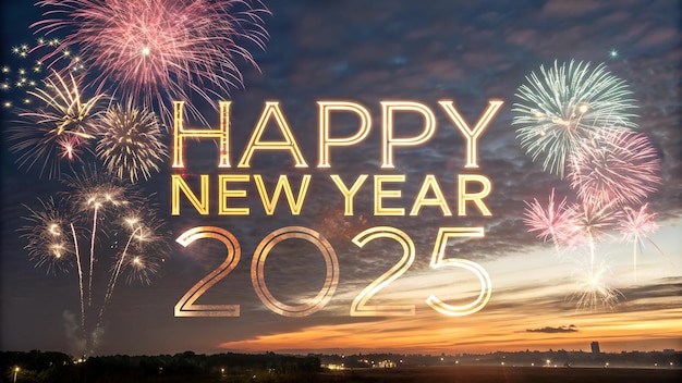 happy new year 2025 poster with gold metallic font festive fireworks black background confetti sparkle effect