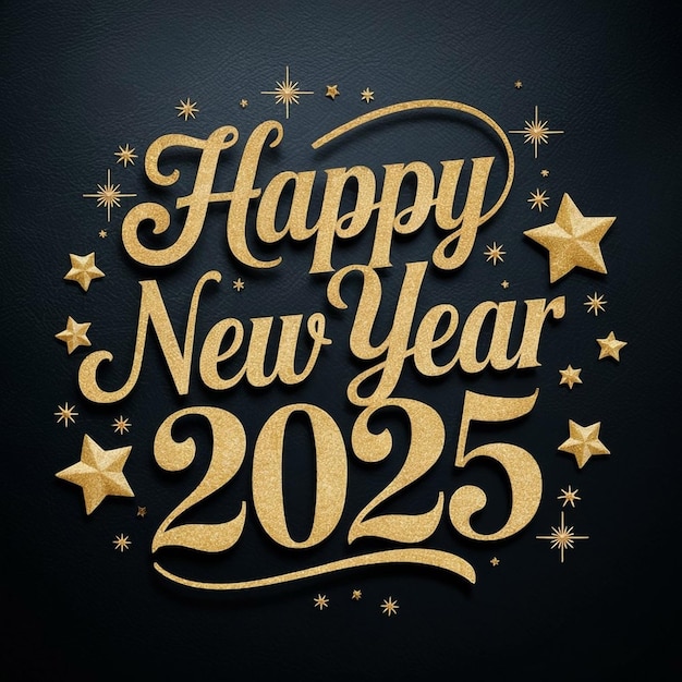 happy new year 2025 text displayed on a black background adorned with shimmering gold stars