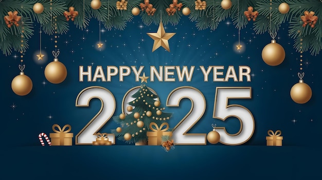 happy new year 2025 wishes background with christmas decorations