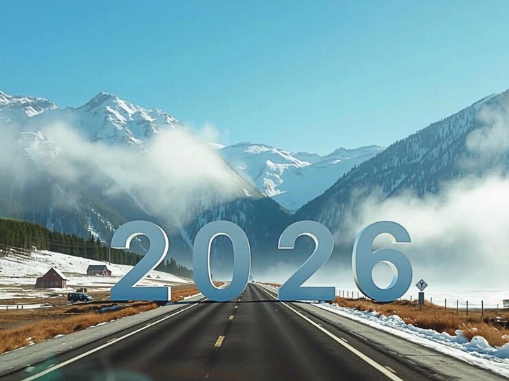 Photo 2026年 新年 は山の真ん中にある高速道路に立っている