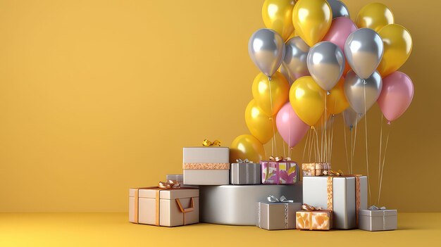 Happy new year background with colorful balloon and gift yellow background