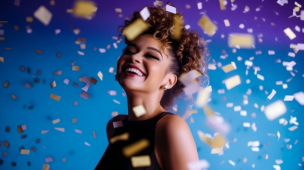 Happy new year beautiful woman under confetti rain isolated background