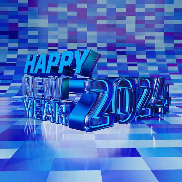 Photo happy new year blue bold letters high quality render isolated on blue checkers background