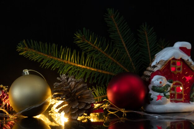 Happy New Year card with snow on wooden background