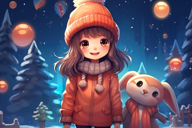 Happy new year celebration illustration cute anime girl with pets generative ai