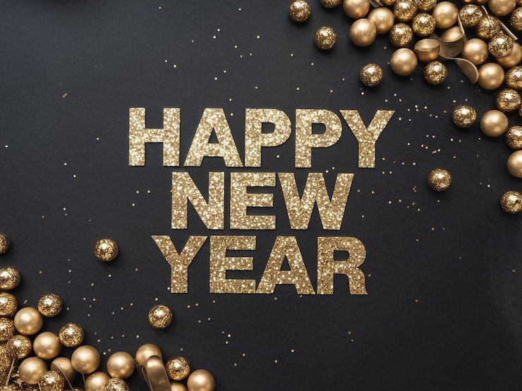 Photo happy new year celebration text typography lettering christmas ball on dark background greeting card