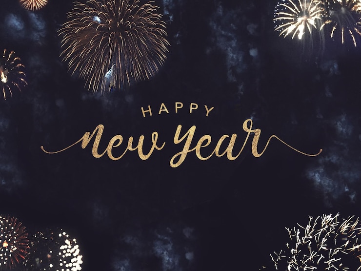 Photo happy new year celebration text with festive gold fireworks collage in night sky