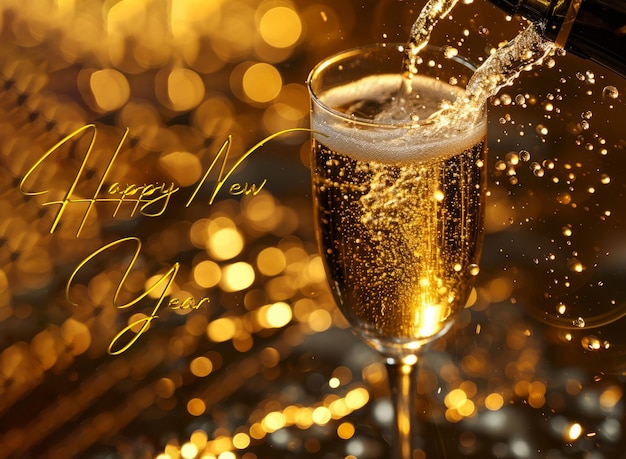 Foto felice festa di capodanno con bicchiere di champagne e luci bokeh sullo sfondo